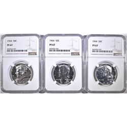 3-1964 KENNEDY HALF DOLLARS, NGC PF-67