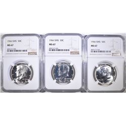 (3) 1966 SMS KENNEDY HALVES NGC MS 67