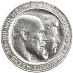 WURTTEMBERG: Wihelm II, 1891-1918, AR 3 mark, 1911-F. PCGS PF67