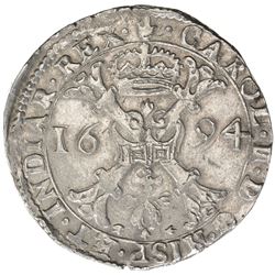 SPANISH NETHERLANDS: Charles II, 1665-1700, AR patagon (28.17g), Antwerp, 1694. EF