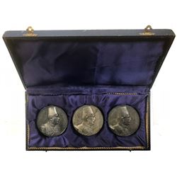 EGYPT: Fuad I, as King, 1922-1936, SET of 3 extremely rare silver Art Deco style medals + plush case