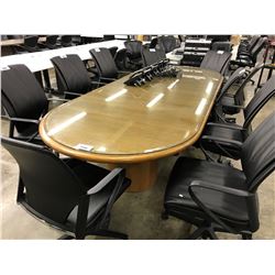 MEDIUM OAK 10' GLASS TOP RACETRACK BOARDROOM TABLE