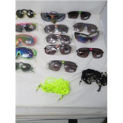 LOT OF 13 PAIR OF SUNGLASSES (NEW) *VARIOUS STYLES* (ADULT SIZES) *UV PROTECTION* (WITH LANYARDS)