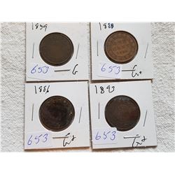 LOT OF 4 LARGE ONE CENT COINS (1859, 86, 88, 93)