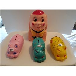 LOT INCLUDING 3 RELIABLE PIGGY BANKS AND LARGE HUMPTY DUMPTY FIGURE