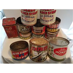 LOT OF 12 ASSORTED TINS (COFFEE, SYRUP, JAM, HONEY)