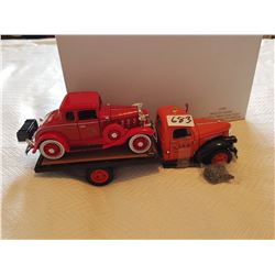 LOT OF 2 TOY TRUCKS ( 1941 CHEV FLAT BED, 1932 CHEV ROADSTER FIRE CAR)