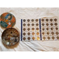 LOT OF ASSORTED WORLD COINS (TIN CAN CONTAINING SEVERAL, AND 2 SHEETS OF BRITISH COINS)