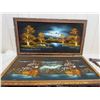 Image 1 : LOT OF 2 LARGE VELVET PAINTINGS (1 X LAKE AND FOREST SCENE) *1 X SAIL SHIP* (DAMAGE TO SAIL SHIP PIC