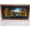 Image 2 : LOT OF 2 LARGE VELVET PAINTINGS (1 X LAKE AND FOREST SCENE) *1 X SAIL SHIP* (DAMAGE TO SAIL SHIP PIC