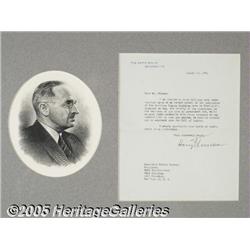Harry S. Truman Letter as President. Very fine co