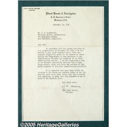 John Edgar Hoover Typed letter signed, "J. E. Hoo