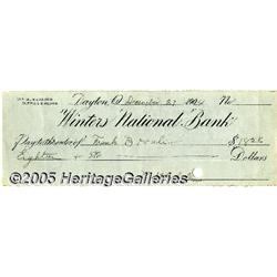 Wilbur Wright 1904 Partly Printed Check Filled Ou