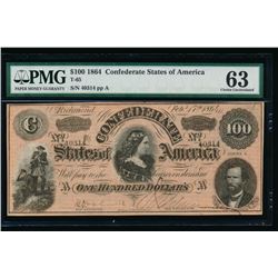 1864 $100 Confederate States of America Note PMG 63