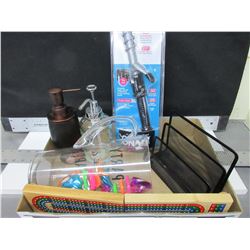 Flat of Assorted items / Soap dispensors / Crib Board / Picher / Curling Iron