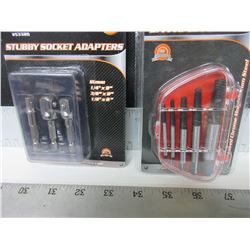 New Stubby Socket Adaptors 1/4 - 3/8 & 1/2" / plus 5 pc Screw Extractor set