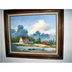 HOUSE & LANDSCAPE ON CANVAS OIL PAINTING