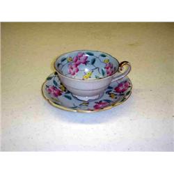 "M" JAPAN BLUE CUP & SAUCER W/PINK & YELLOW FLOWE