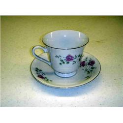 WHITE CUP & SAUCER W/PINK & BLUE FLOWERS