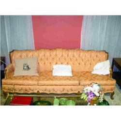 SALMON COLORED CLAW FOOT COUCH, CHAIR & OTTOMAN