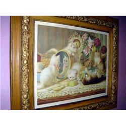 VICTORIAN PRINT CATS IN WOODEN FRAME