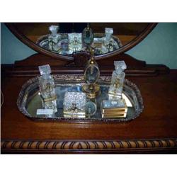 6 PC BOTTLE, GLASS BOX, CAMEO & BRASS MIRROR SET