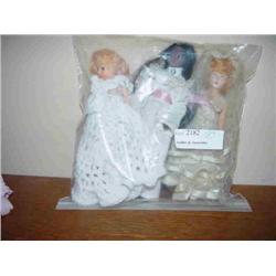 3 SMALL DOLLS 1 IN CROCHET DRESS, 1 BLACK DOLL