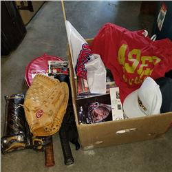 BOX OF SPORTS-RELATED ITEMS AND SPORTING GOODS