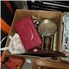 Image 2 : BOX OF ESTATE ITEMS, VITAGE DECOR, AND RED MAKE UP CASE AND BOX OF HANGERS AND WHITE BASKET OF WOOD 