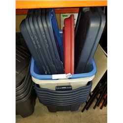 7 100L RUBBERMAID ROUGHNECK TUBES W/ LIDS AND 2 TOTES