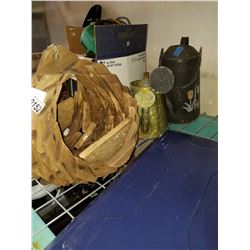 HANGING CEDAR PLANT NEST AND 2 METAL WATERING CANS