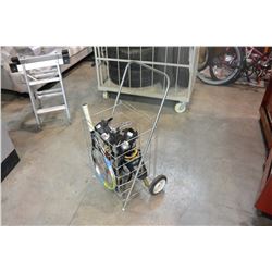 2 TENNIST RAQUETS, AND METAL 2-WHEEL SHOPPING CART W/ 2 PAIRS OF ROLLERS