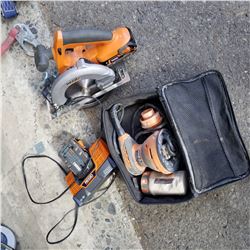 LOT OF RIDGID CORDLESS SAW W. BATTERY AND CHARGER AND CORDED SANDER IN BAG