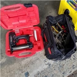 BAG OF HAND TOOLS AND CRAFTSMAN NAILER IN RED CASE