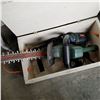 Image 2 : WHITE WOOD BOX W/ HEDGE TRIMMER AND HAMMER DRILL