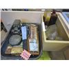 Image 1 : TRAY OF VINTAGE COLLECTIBLES, BRASS CAR, AND ANTIQUE BOTTLES