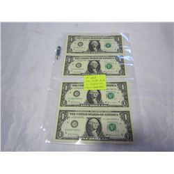 4 USA 1 DOLLAR BILLS IN SEQUENCE MINT CONDITION