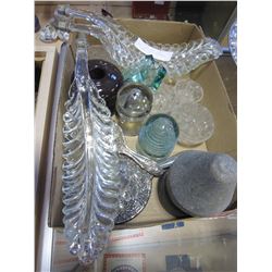 LOT OF GLASS LEAFS, FROGS, CERAMIC AND GLASS INSULATORS, AND SILVER PLATE