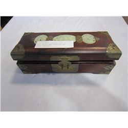 WOOD CHINESE JEWELERY BOX W/ JADE INLAY, AND STERLING AND OTHER JEWELERY