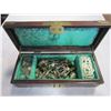 Image 2 : WOOD CHINESE JEWELERY BOX W/ JADE INLAY, AND STERLING AND OTHER JEWELERY