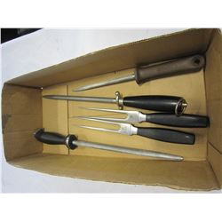 5 HENCKELS TOOLS 3 STEELS AND 2 CARVING FORKS