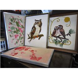 LOT OF 4 KNEEDLE POINT PICTURES, OWLS, AND ABSTRACT