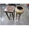 Image 1 : INLAID WOOD STAND AND METAL PLANTER