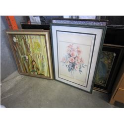 LOT OF 9 PRINTS IN FRAMES AND 1 CERAMIC WALL CARVING