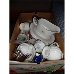 BOX OF CREAM AND SUGAR, AND CHINA