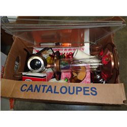 BOX OF ESTATE ITEMS IN CANTELOPE BOX