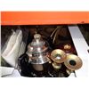 Image 1 : BOX OF CRANBERRY GLASSWARE, BRASS CANDLE STANDS, COFFEE URN, SERVING DISH, ETC