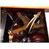 Image 2 : BOX OF CRANBERRY GLASSWARE, BRASS CANDLE STANDS, COFFEE URN, SERVING DISH, ETC