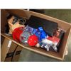 Image 1 : BOX OF STARWARS COLLECTIBLES, SHOWER HEAD, GUMBALL MACHINE, TOYS, AND HAIR STRAIGHTENERS
