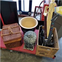 PICNIC BASKET WITH CONTENTS, BUDDHA HEAD, PLANTER AND GUITAR HERO CONTROLLERS